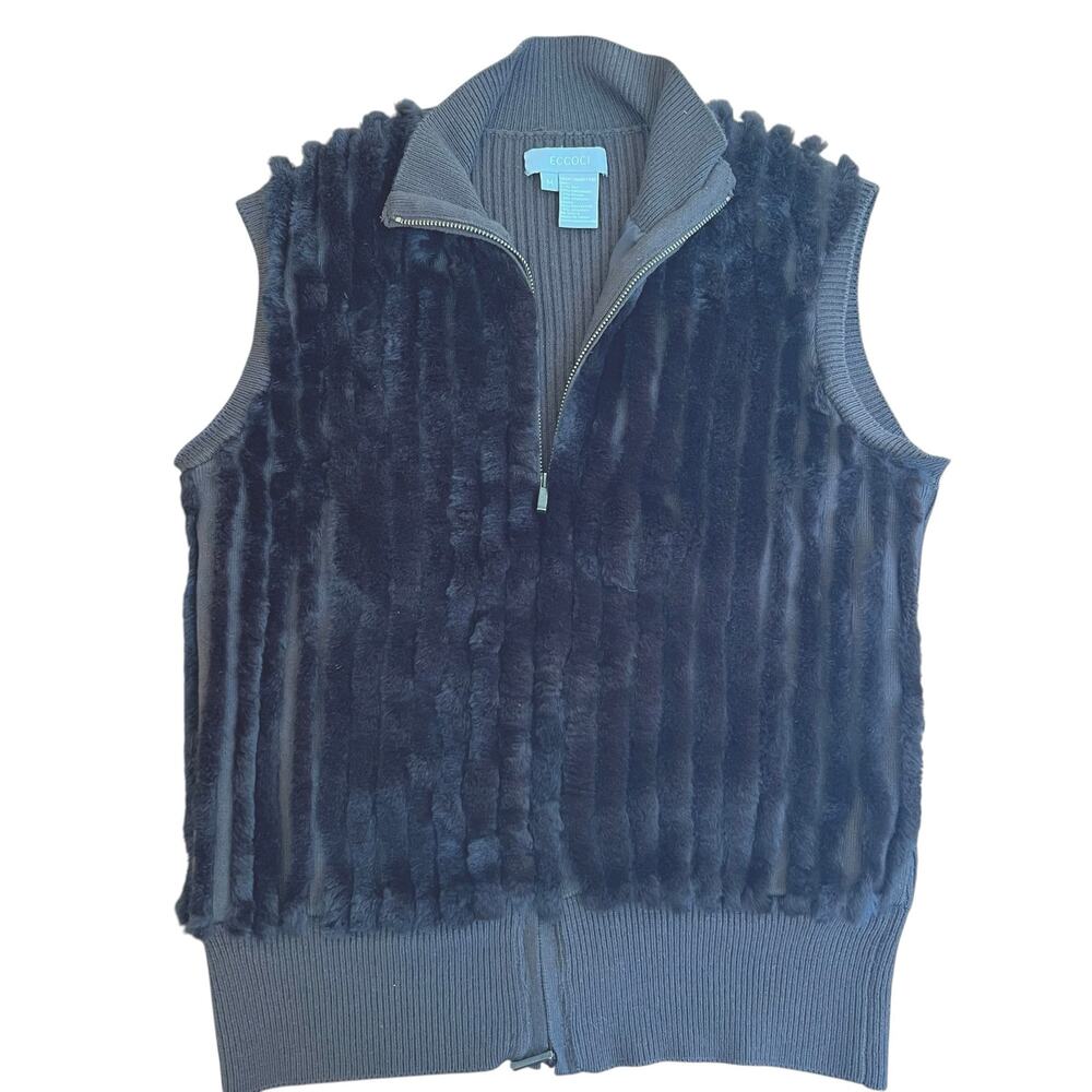 Eccoci Genuine Rabbit Fur Vest M Dark Brown Ribbed Knit Zip Quiet Luxury $330